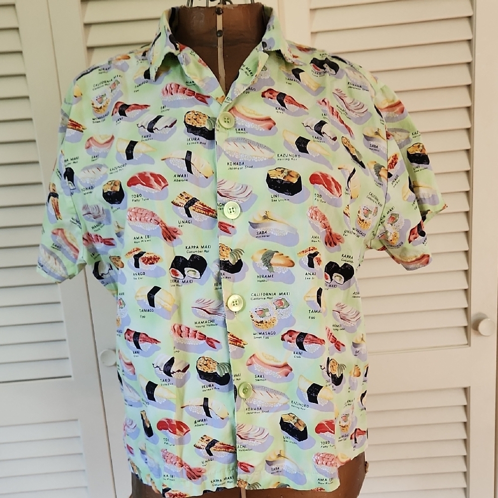 Vintage Sushi Print Pajama Top in Wasabi Green